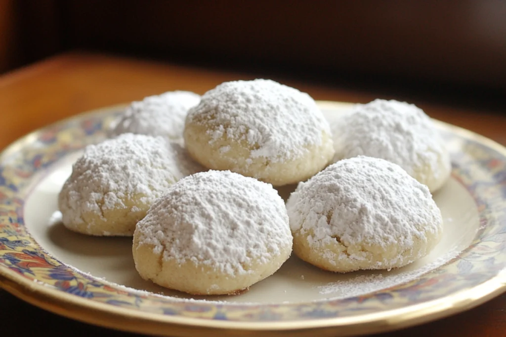 A plate of powdered Mexican Wedding Cookies, highlighting their crumbly texture and festive appearance.