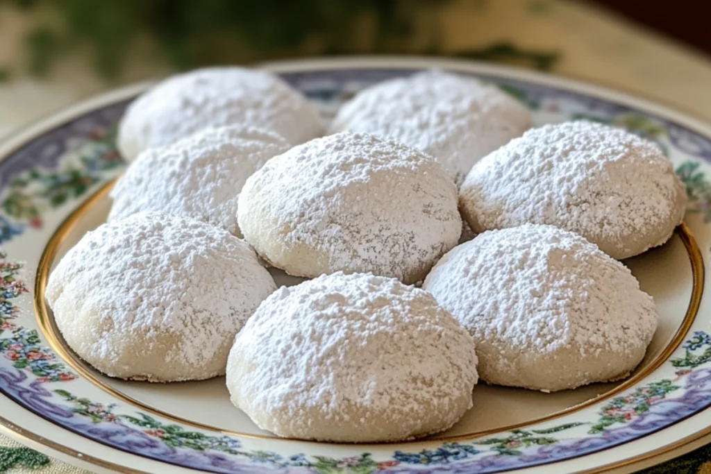 A plate of powdered Mexican Wedding Cookies, highlighting their crumbly texture and festive appearance.