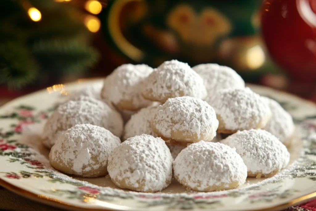 A plate of powdered Mexican Wedding Cookies, highlighting their crumbly texture and festive appearance.