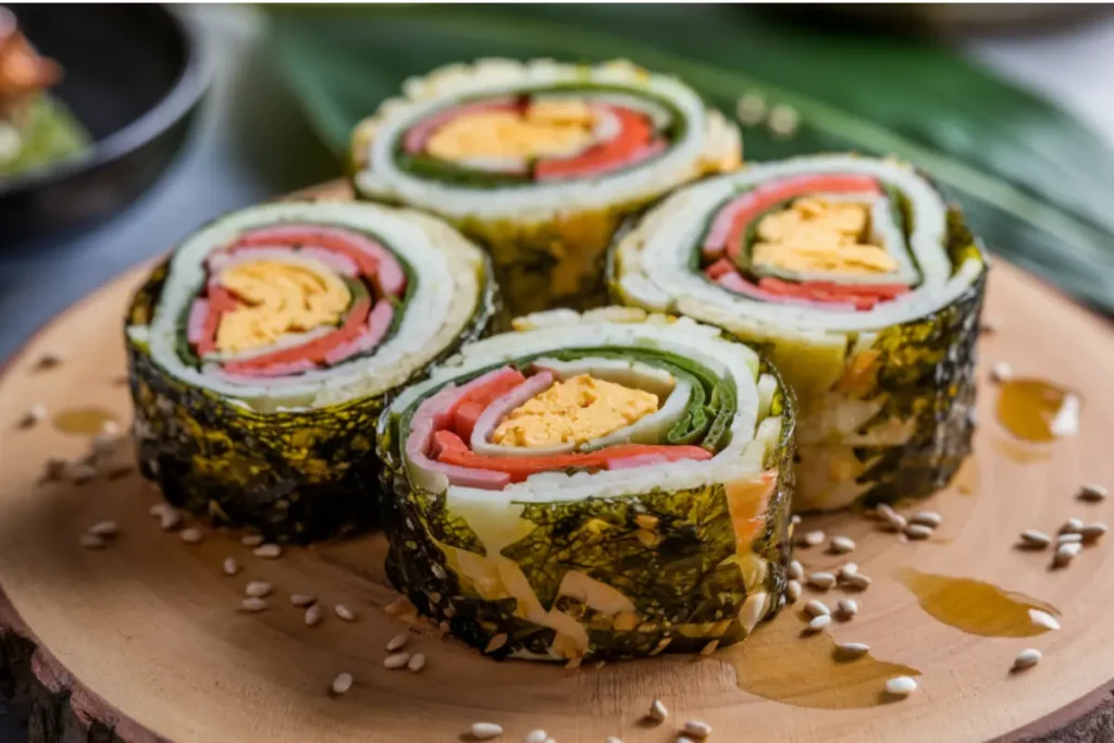 "Homemade Kimbap rolls with colorful fillings on a wooden board"