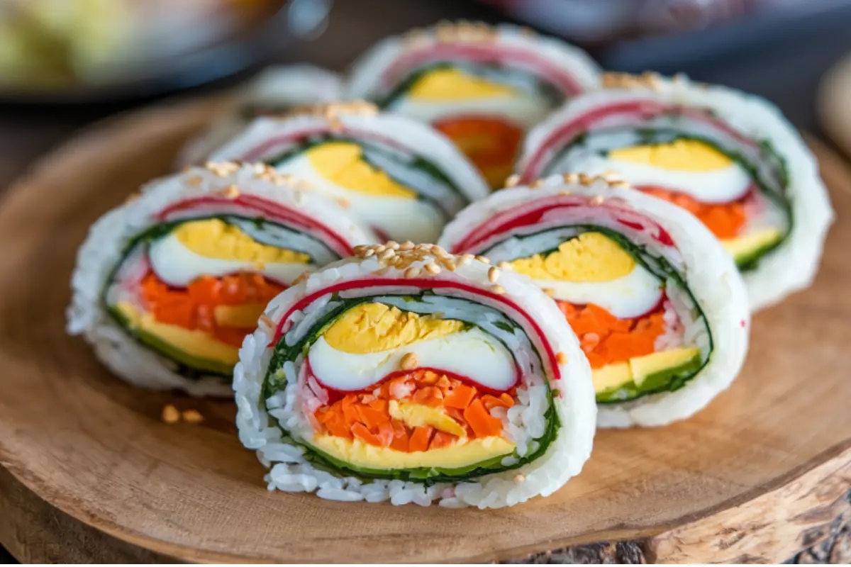 "Homemade Kimbap rolls with colorful fillings on a wooden board"