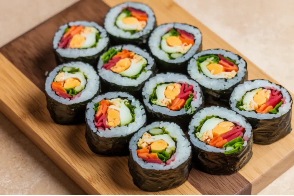 "Homemade Kimbap rolls with colorful fillings on a wooden board"