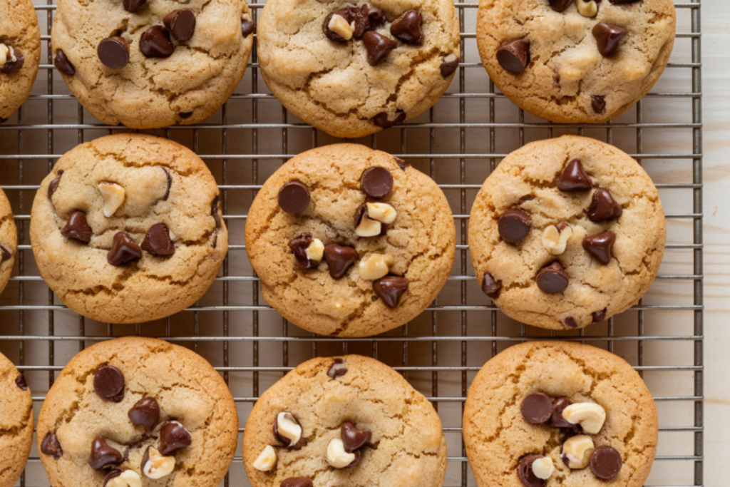 "How to make box mix cookies better - freshly baked cookies with added mix-ins on a cooling rack"