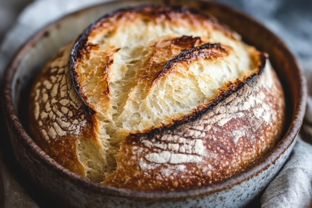 Sourdough discard in a glass jar next to freshly baked bread, highlighting its potential health benefits.