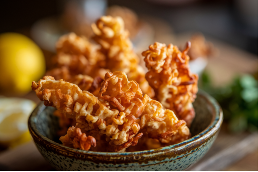 Crispy homemade chicharrones served in a bowl