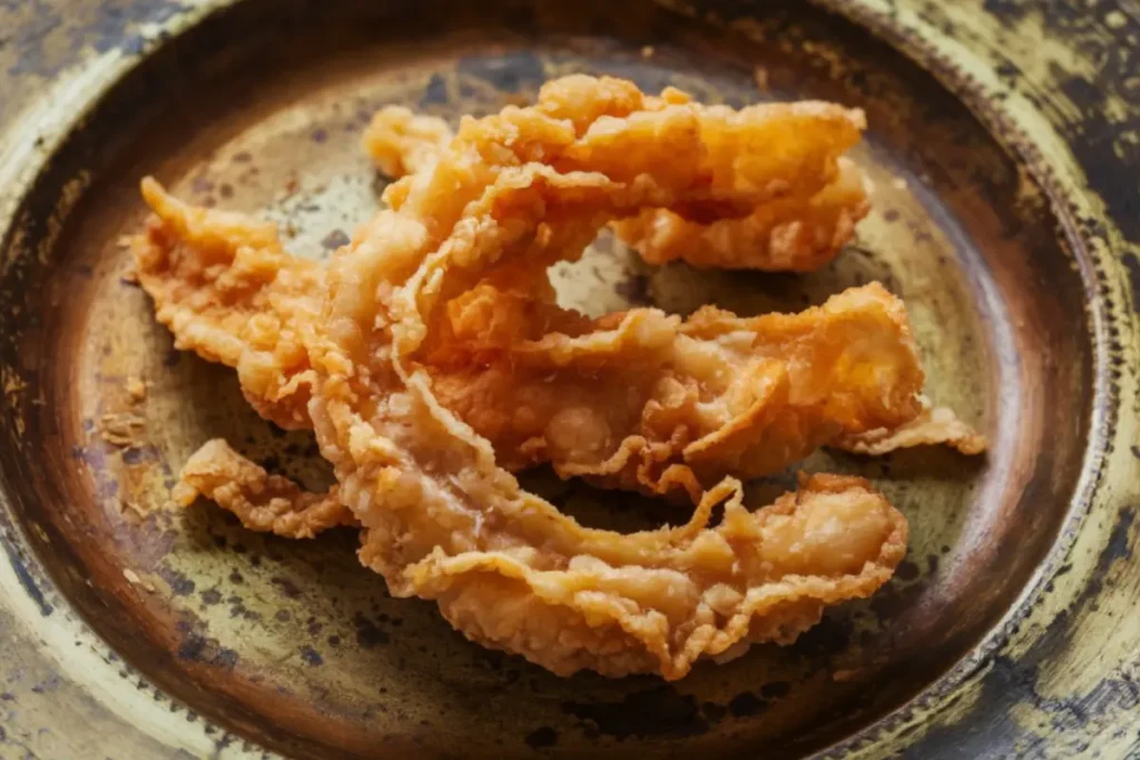 Close-up of crispy chicharrón on a plate

