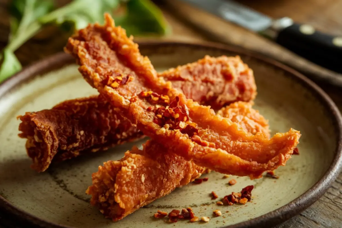 A plate of golden, crispy chicharrones served on a wooden board, highlighting their crunchy texture and savory flavor.