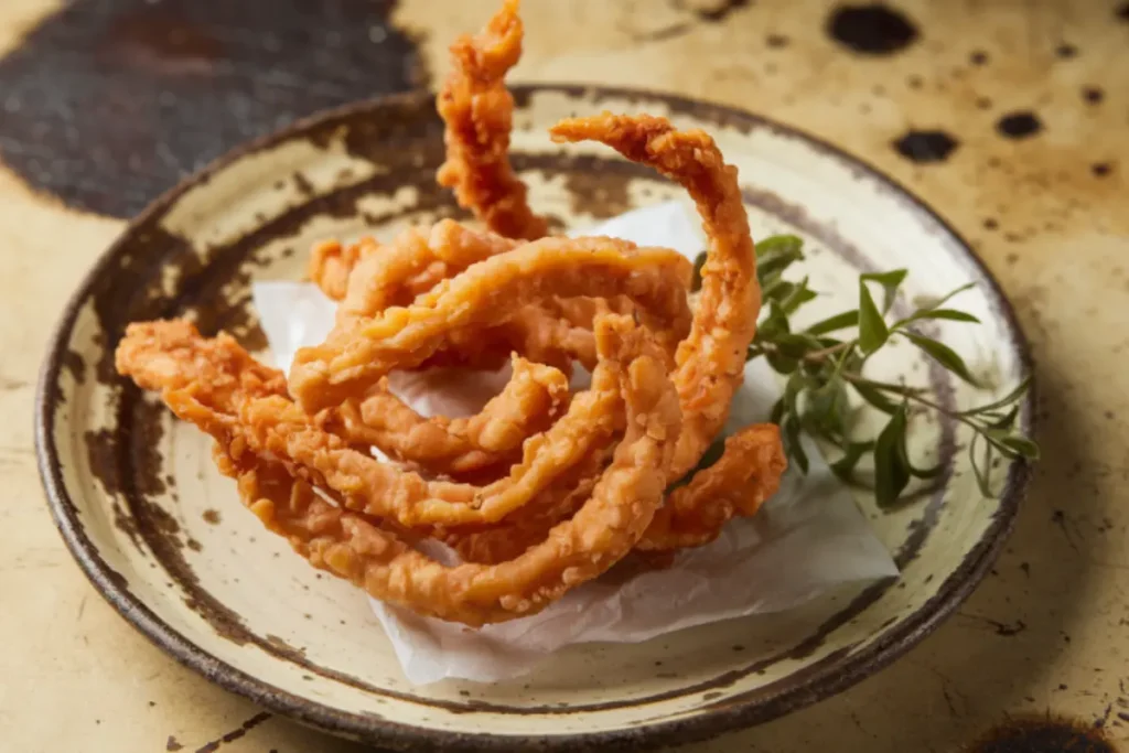 Crispy homemade chicharrones served on a wooden board

