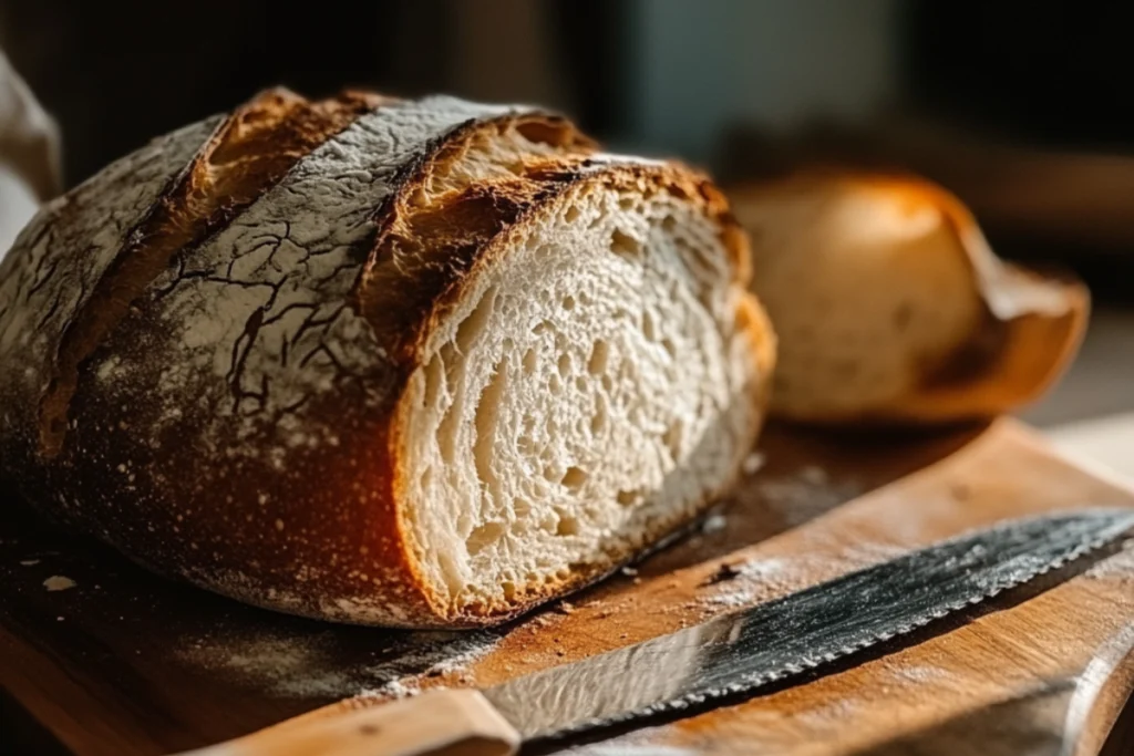 Sourdough discard in a glass jar next to freshly baked bread, highlighting its potential health benefits.