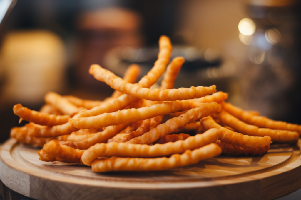 Crispy homemade chicharrones served on a wooden board

