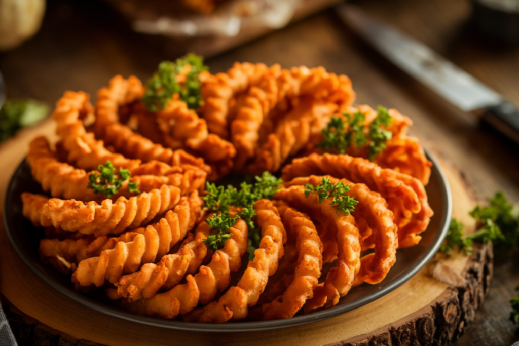 Close-up of crispy chicharrones on a wooden board