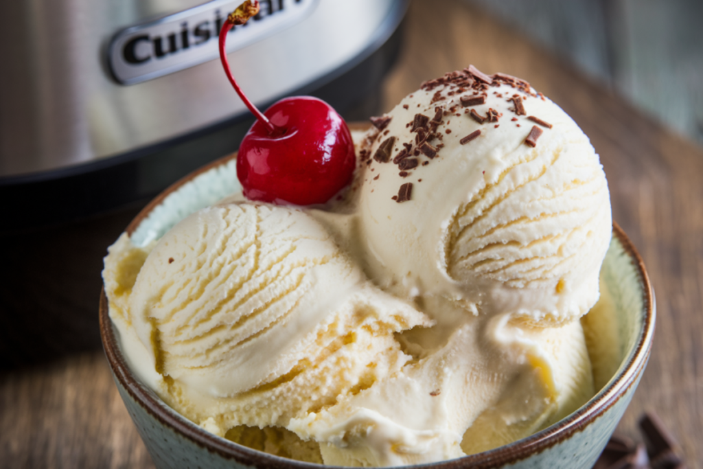 Homemade vanilla ice cream served in a bowl