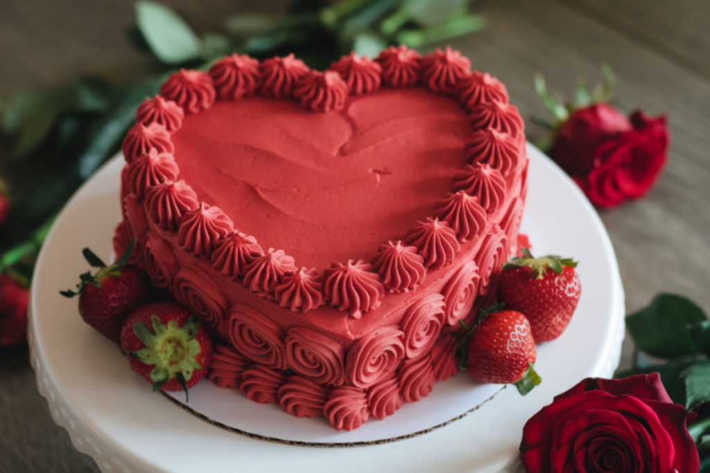 Heart-shaped cake with red frosting and decorations