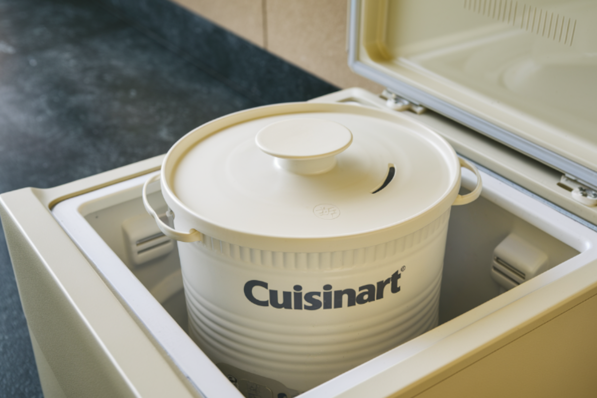 Cuisinart ice cream maker with a bowl of freshly made ice cream