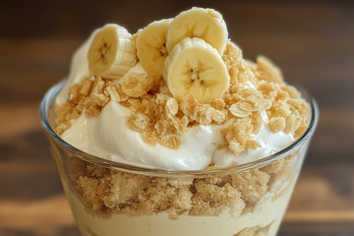 Bowl of homemade banana pudding topped with vanilla wafers