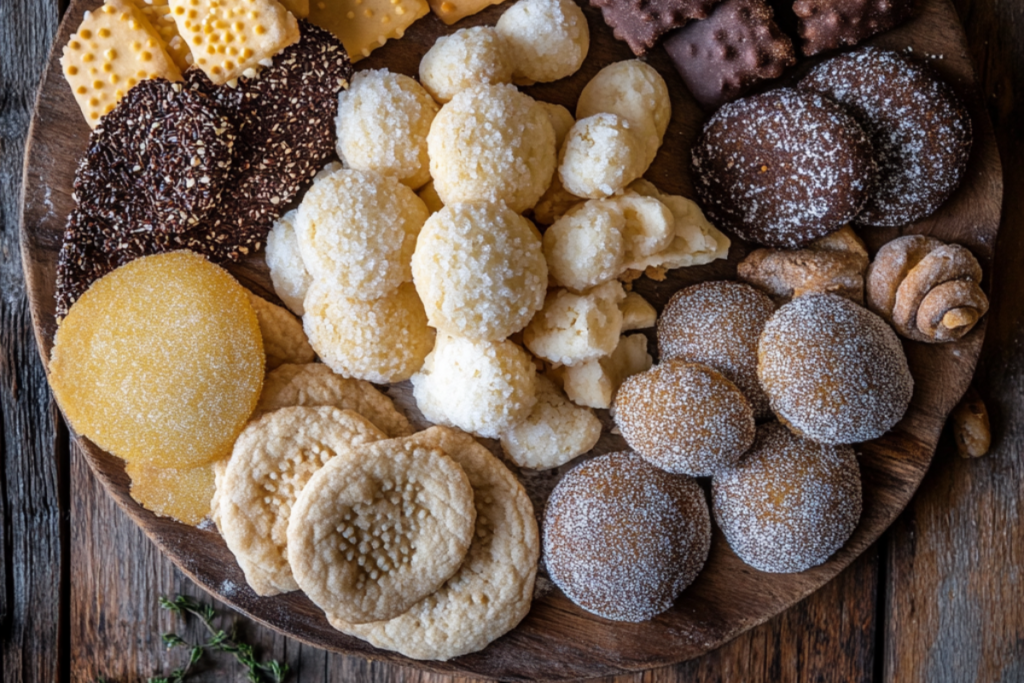 Assorted traditional Mexican sugar cookies, including Polvorones and Marranitos, on a rustic wooden table.