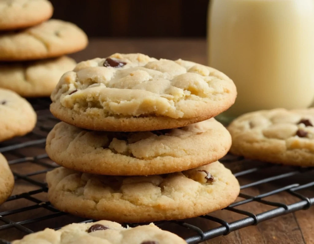 Bowl of cookie dough with cookie scoop and freshly baked cookies on a cooling rack.