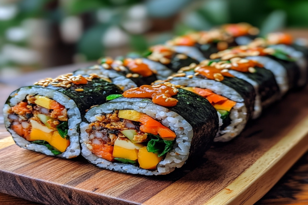 "Kimbap rolls filled with colorful vegetables and protein, displayed on a wooden board."