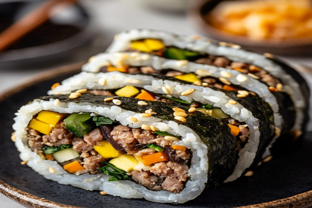 "Kimbap rolls filled with colorful vegetables and protein, displayed on a wooden board."