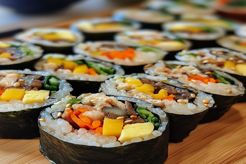 "Kimbap rolls filled with colorful vegetables and protein, displayed on a wooden board."