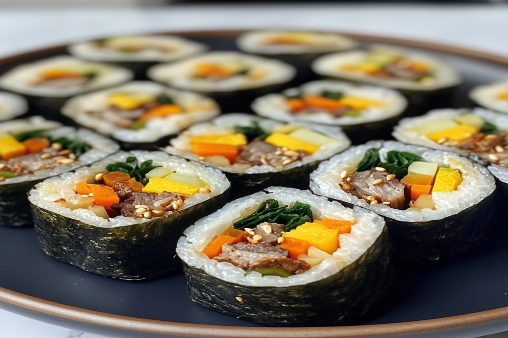 "Kimbap rolls filled with colorful vegetables and protein, displayed on a wooden board."