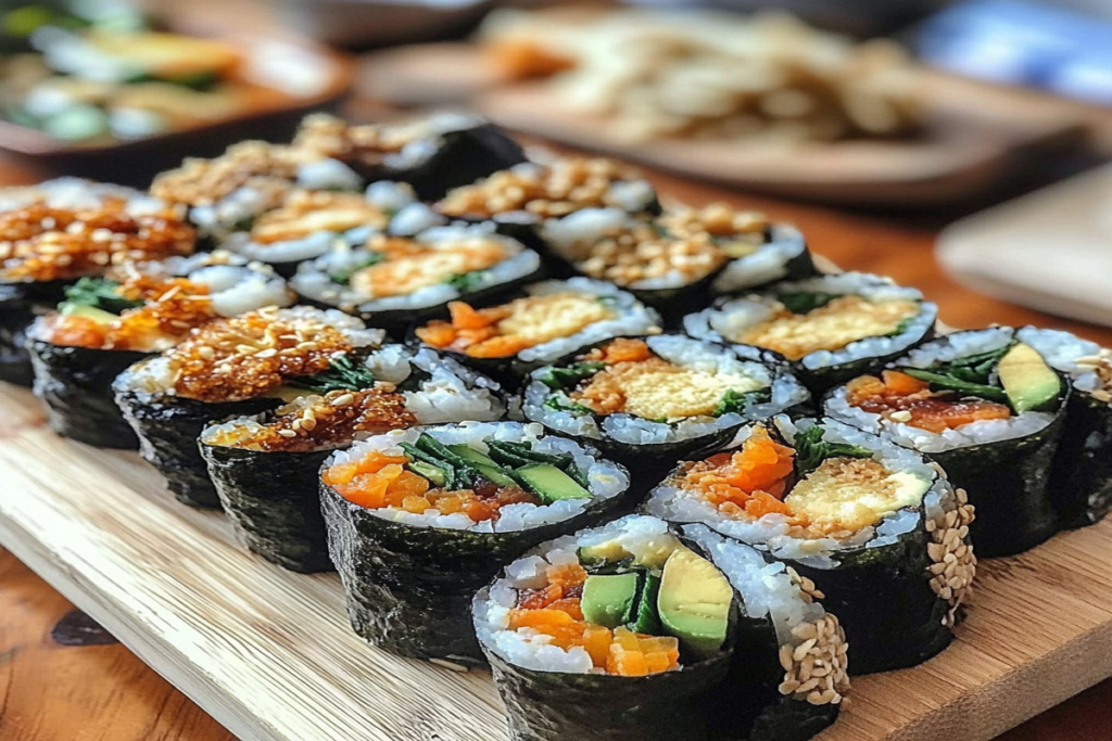 "Close-up of kimbap rolls on a wooden platter, highlighting the vibrant colors of the ingredients."