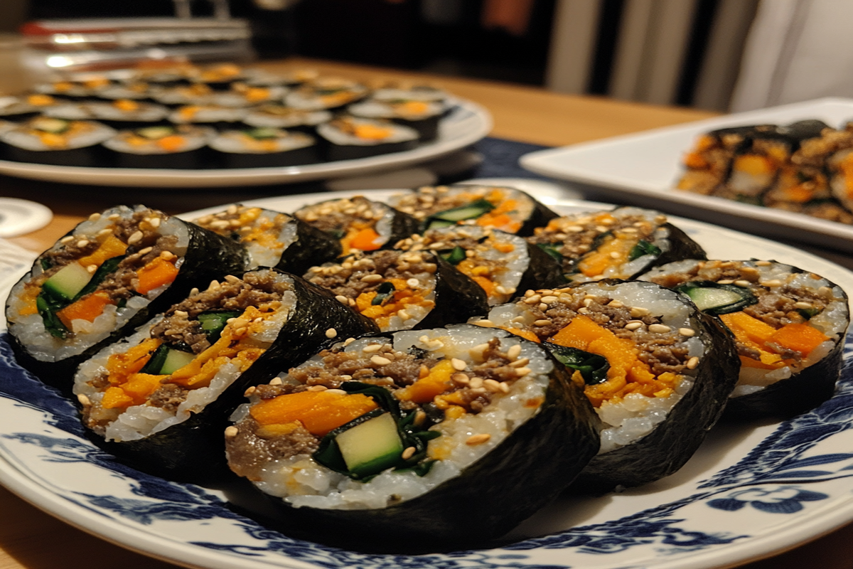 "Close-up of kimbap rolls on a wooden platter, highlighting the vibrant colors of the ingredients."