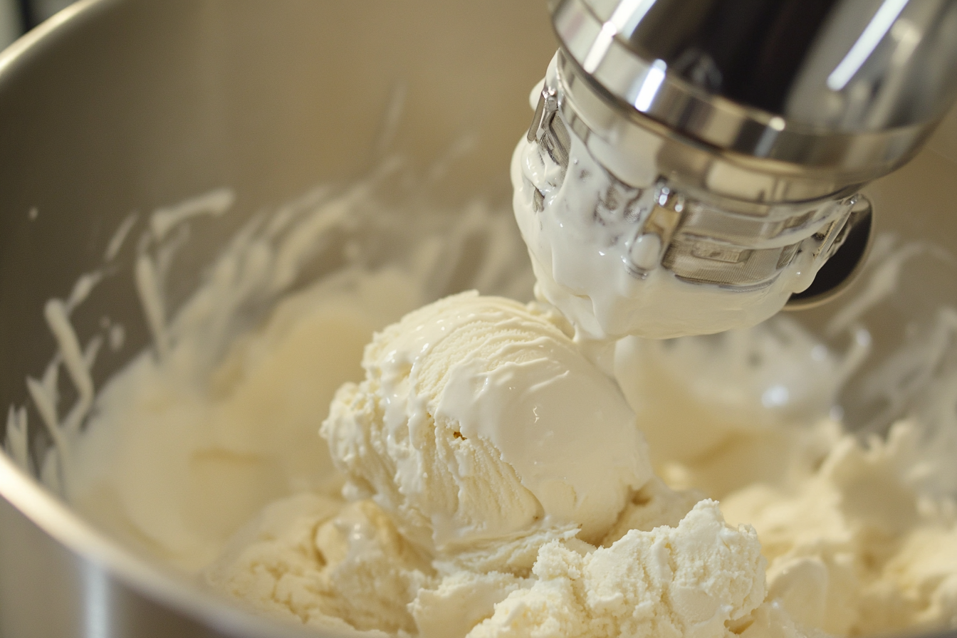 A close-up of homemade vanilla ice cream being churned in a Cuisinart ice cream maker.