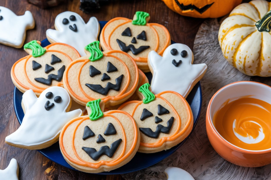 A plate of Pillsbury Halloween cookies shaped like pumpkins and ghosts, freshly baked and ready to be decorated.

