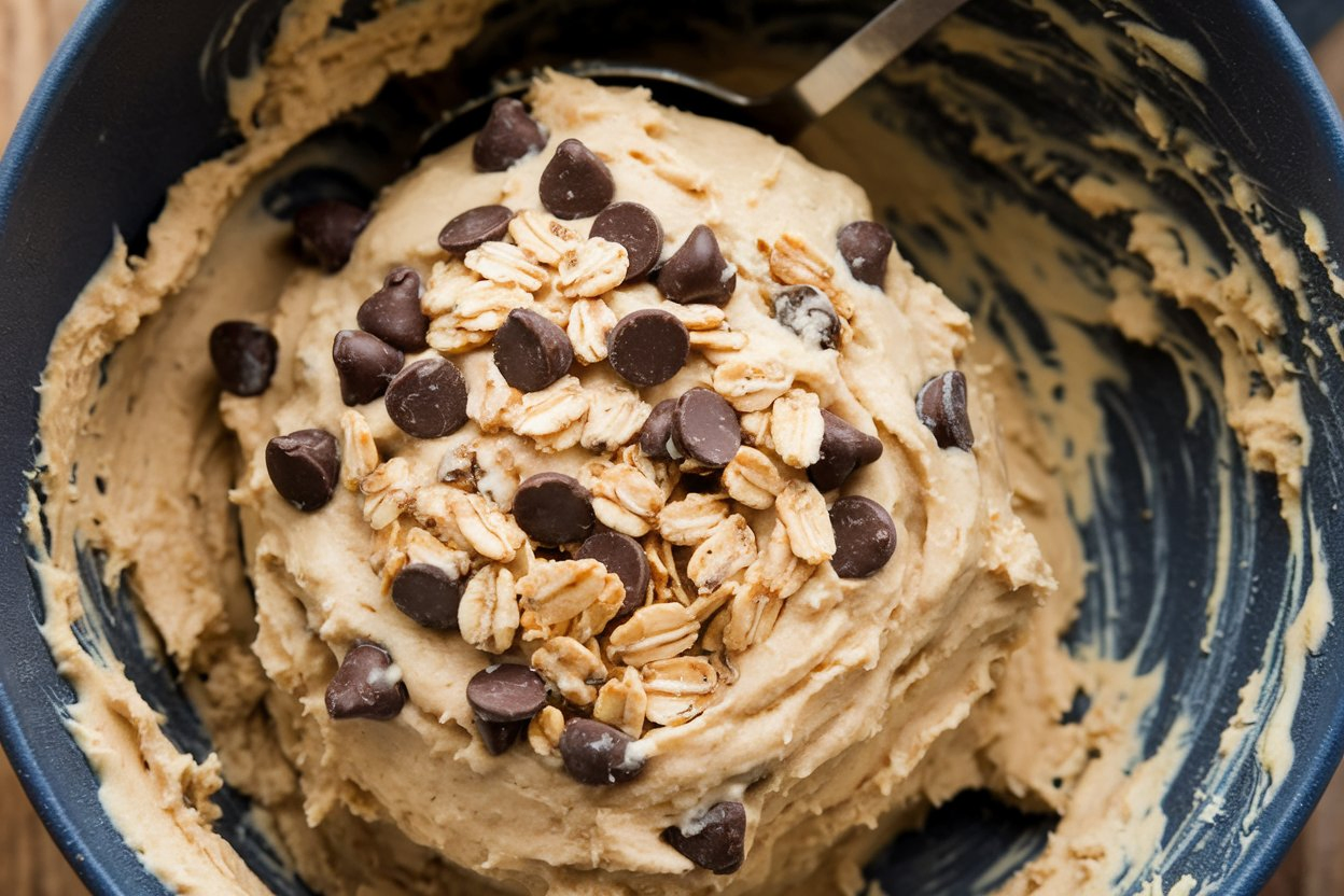 Creamy cottage cheese cookie dough with chocolate chips and rolled oats.