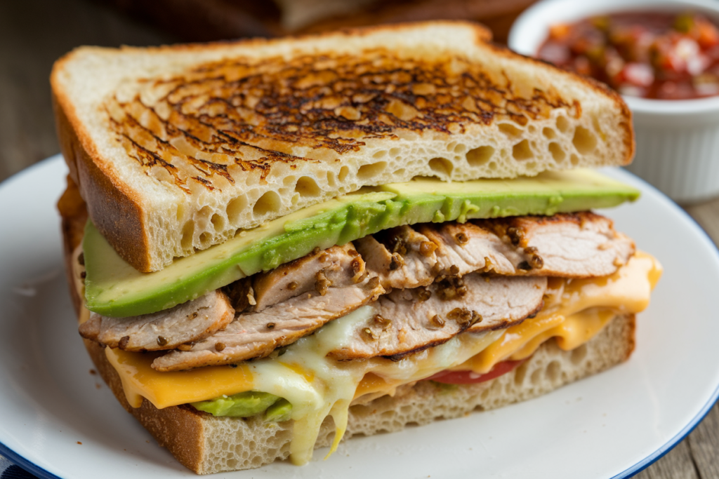 Chipotle chicken avocado melt sandwich on toasted ciabatta bread

