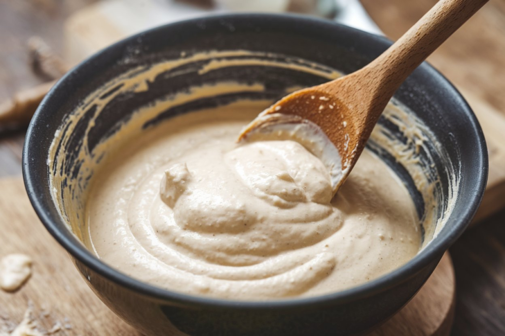 Smooth cottage cheese batter being mixed in a bowl, ready for baking.

