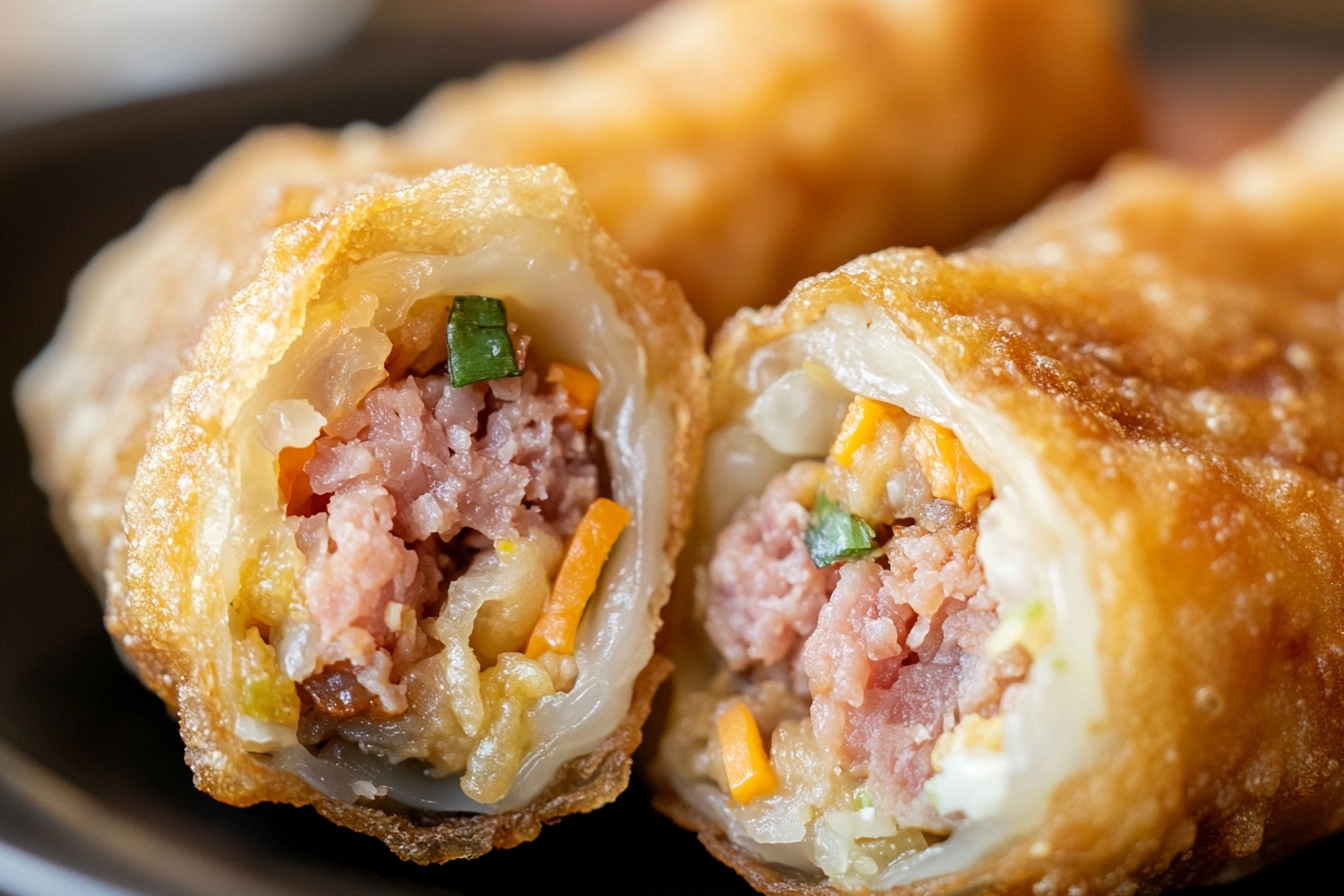 Close-up of an egg roll with pink pork filling inside