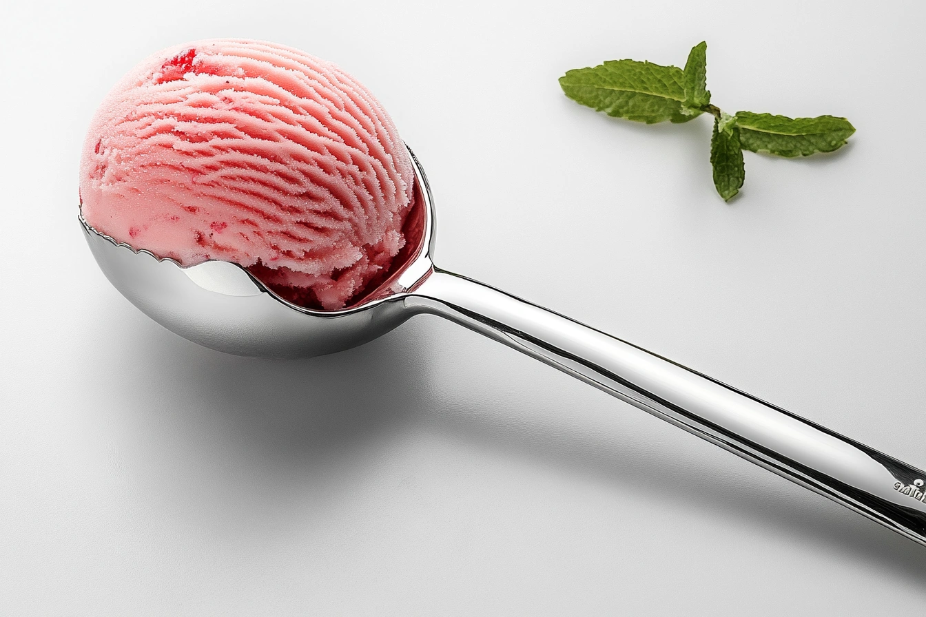 A stainless steel ice cream scoop with a soft-grip handle scooping hard ice cream.