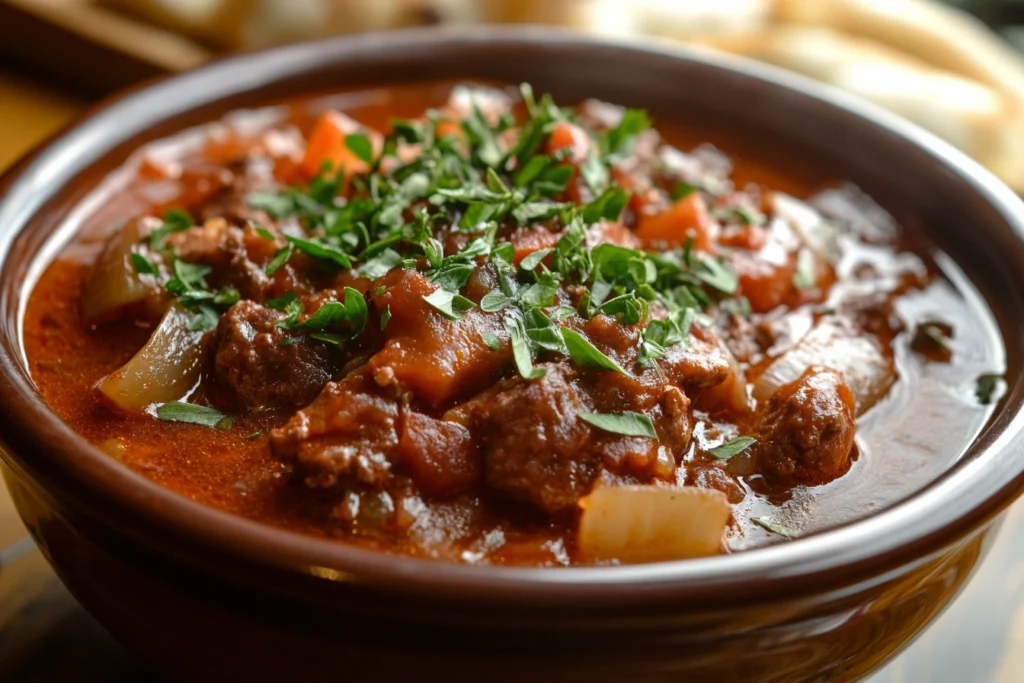 A bowl of goulash topped with fresh herbs