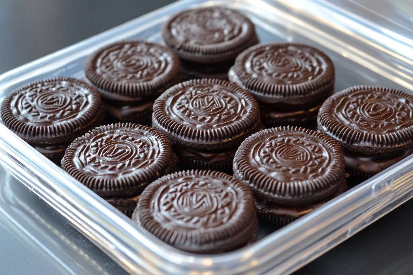 Chocolate covered Oreos in a sealed container for storage