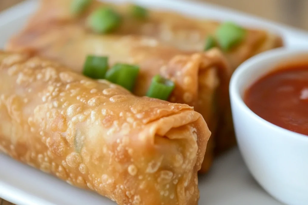 Crispy Costco egg rolls served with dipping sauce

