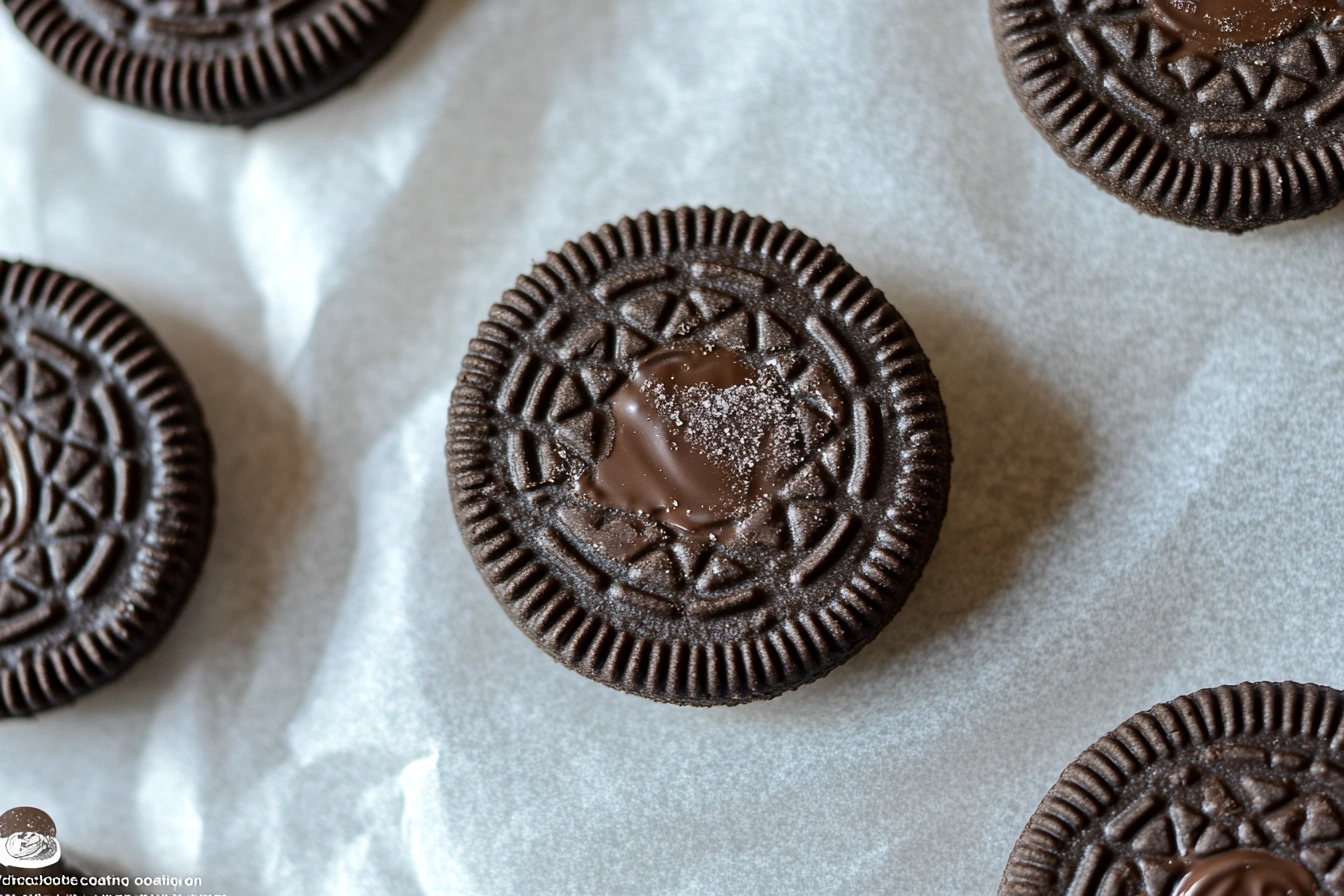 Cracked chocolate coating on an Oreo placed on parchment paper