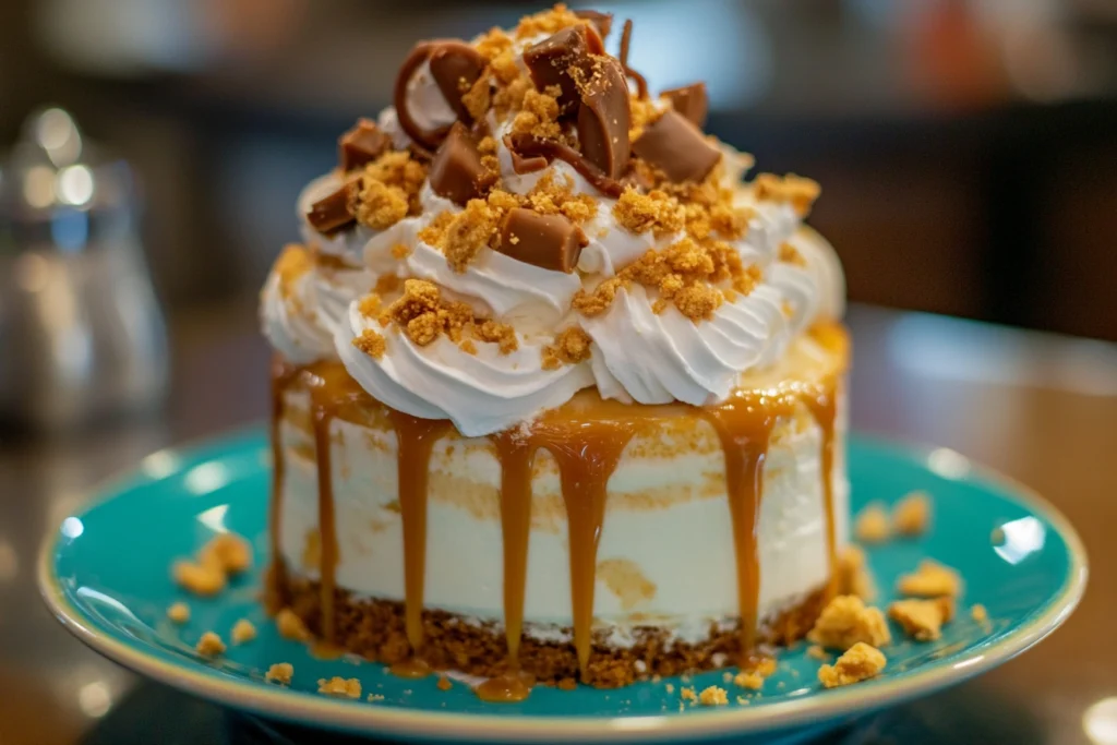 Delicious Better Than Sex Cake topped with whipped cream, caramel, and crushed toffee