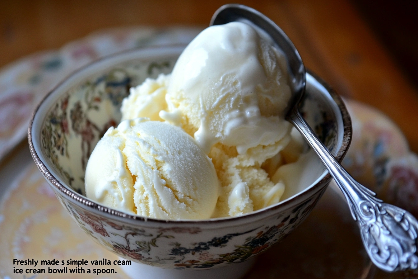 "Freshly made simple vanilla ice cream in a bowl with a spoon."