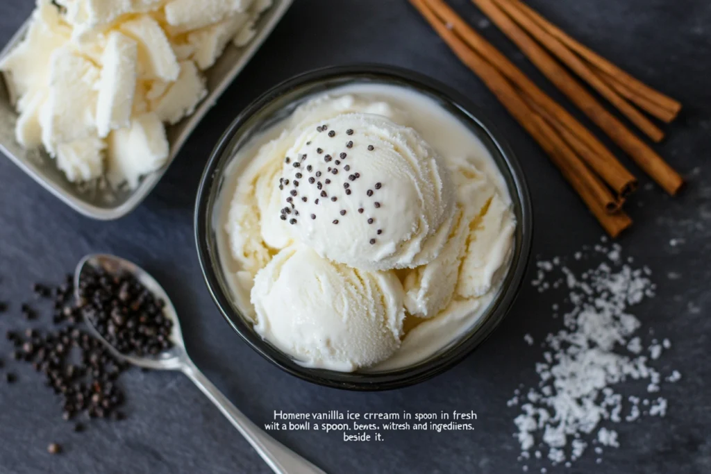 Homemade vanilla ice cream in a bowl with a spoon and fresh ingredients beside it