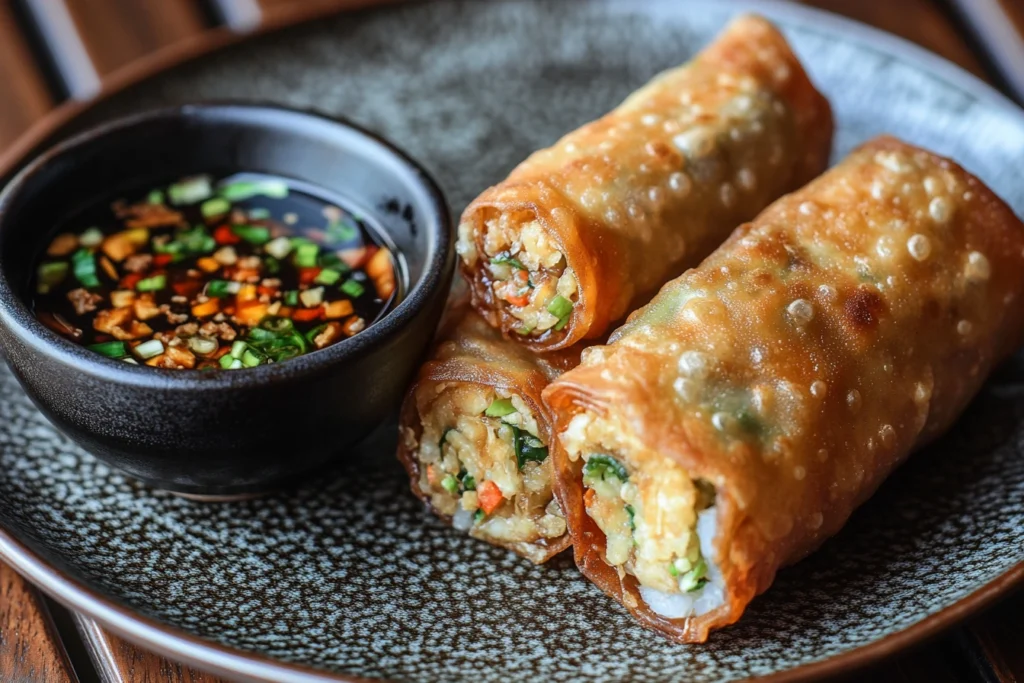 Imperial roll and egg roll side by side on a plate with dipping sauce, highlighting the differences in texture and wrapper