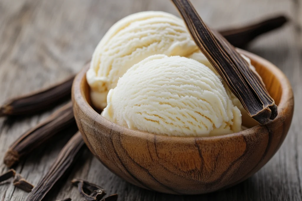 Ingredients for vanilla ice cream, including heavy cream, sugar, and vanilla beans, laid out on a kitchen counter