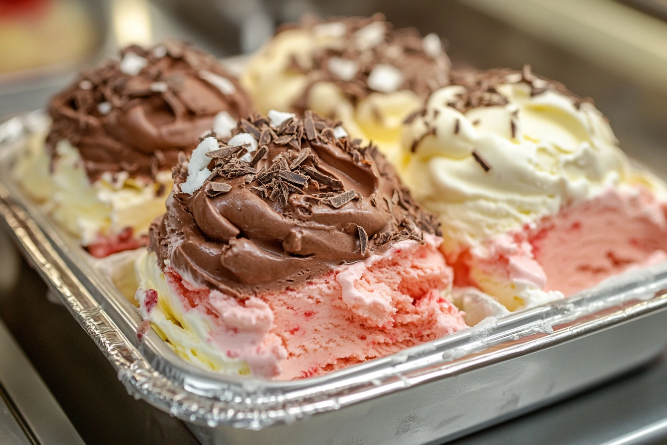 Three layers of Neapolitan ice cream showcasing chocolate, vanilla, and strawberry flavors in an Italian gelato style.