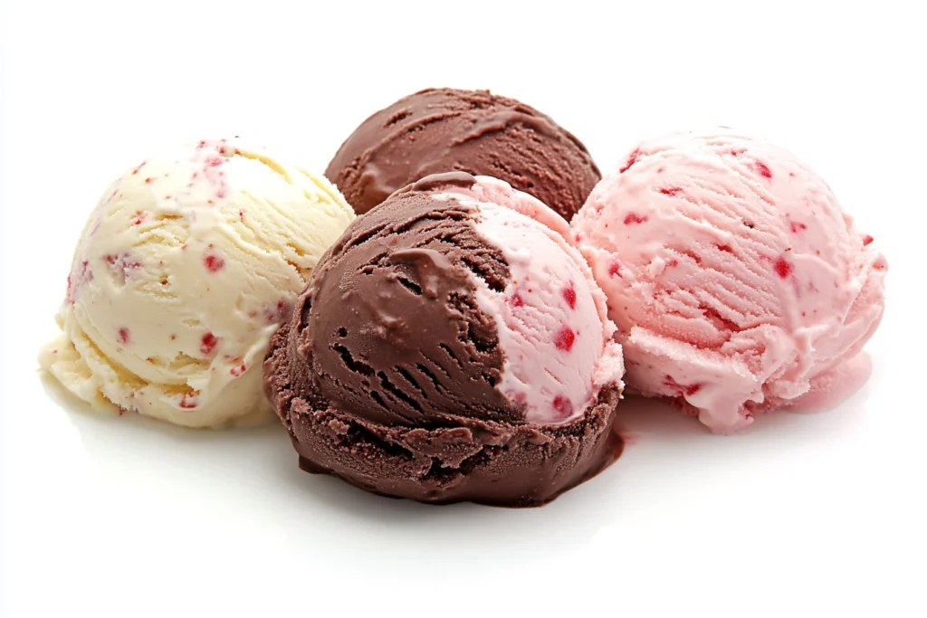 Three scoops of Neapolitan ice cream showcasing chocolate, vanilla, and strawberry layers