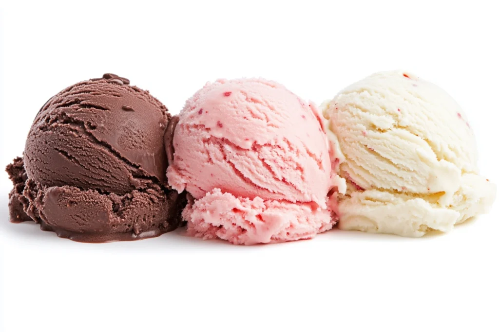 Three scoops of Neapolitan ice cream showing chocolate, vanilla, and strawberry layers side by side.