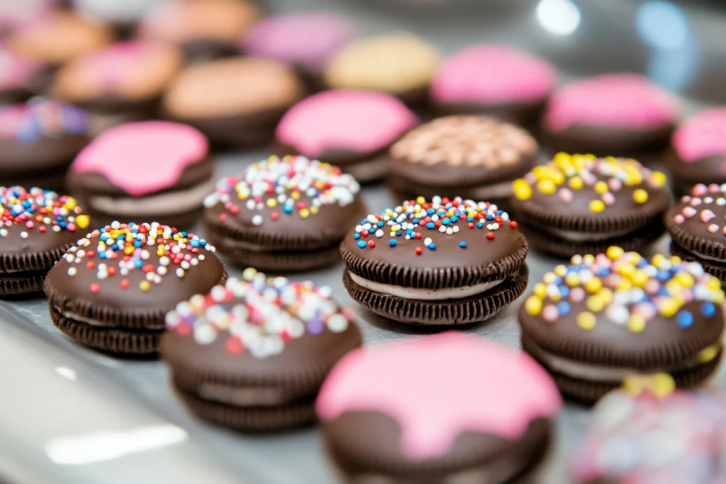 Oreo cookies dipped in chocolate and decorated with sprinkles, ready for storage.