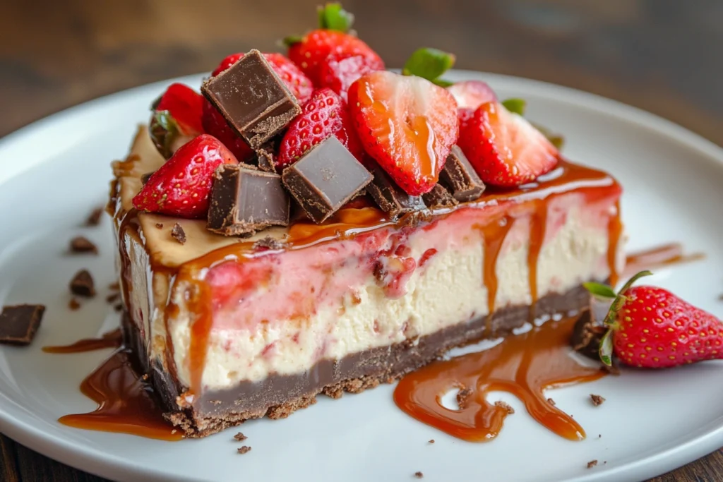 A slice of Snickers strawberry cheesecake topped with fresh strawberries, caramel drizzle, and chopped Snickers bars.