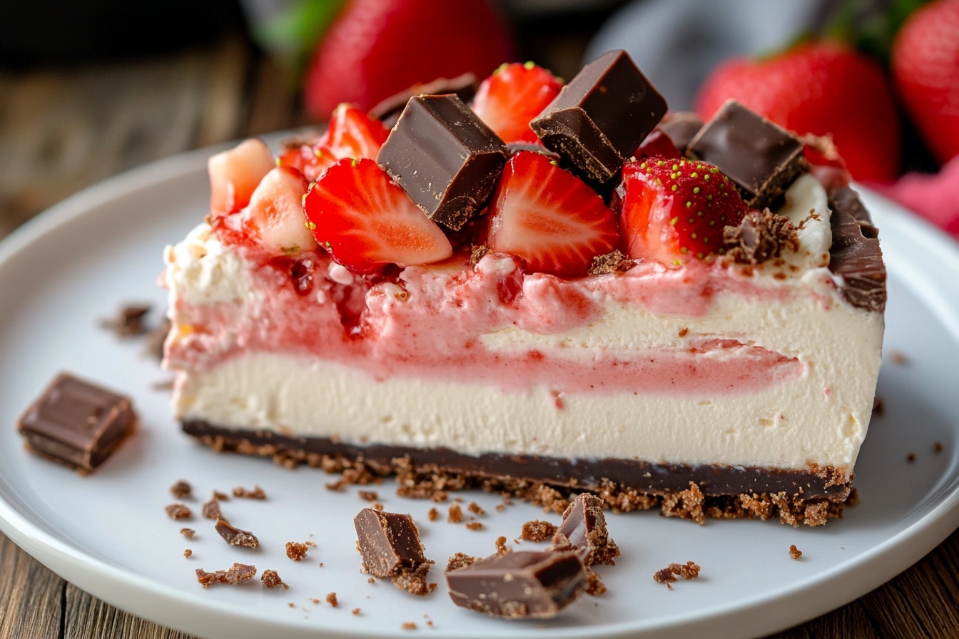 A delicious slice of Snickers Strawberry Cheesecake topped with fresh strawberries and chopped Snickers bars.