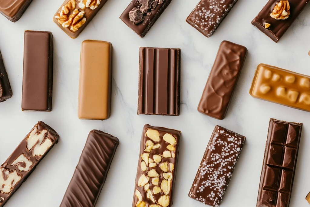 Various Snickers bar types laid out, showcasing different flavors and packaging.